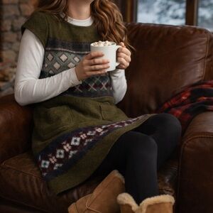 Bohemian 100% Wool Fair Isle Sweater Dress Sz 6 Olive Green Tunic Winter Jumper